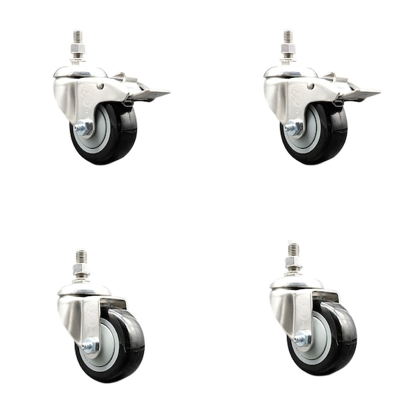 Service Caster 3 Inch 316SS Black Polyurethane 1/2 Inch Threaded Stem Caster Lock Brake SCC, 2PK SS316TSTTL20S314-PPUB-BLK-121315-2S2 - main